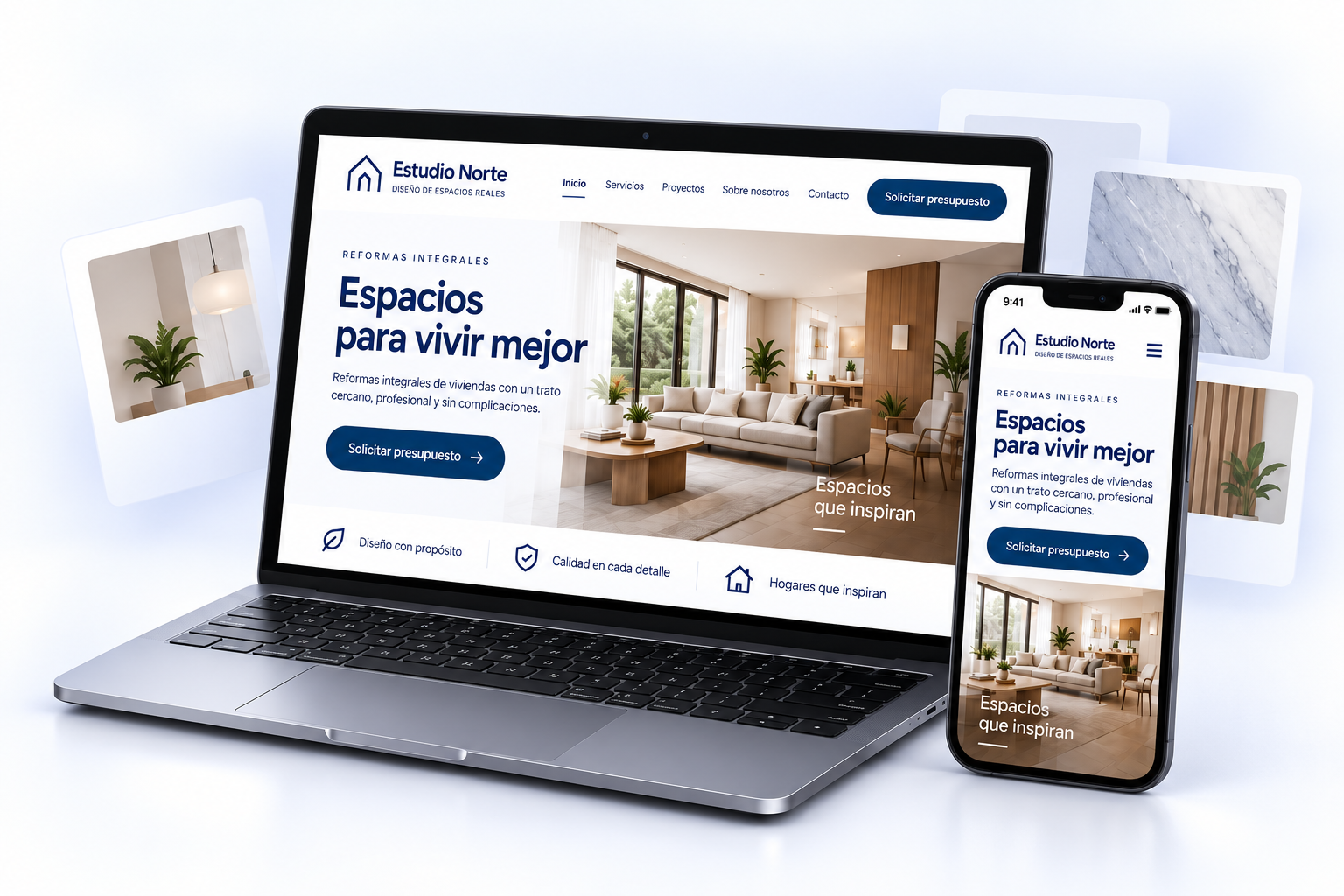 Portátil y móvil mostrando un ejemplo de web para un estudio de reformas