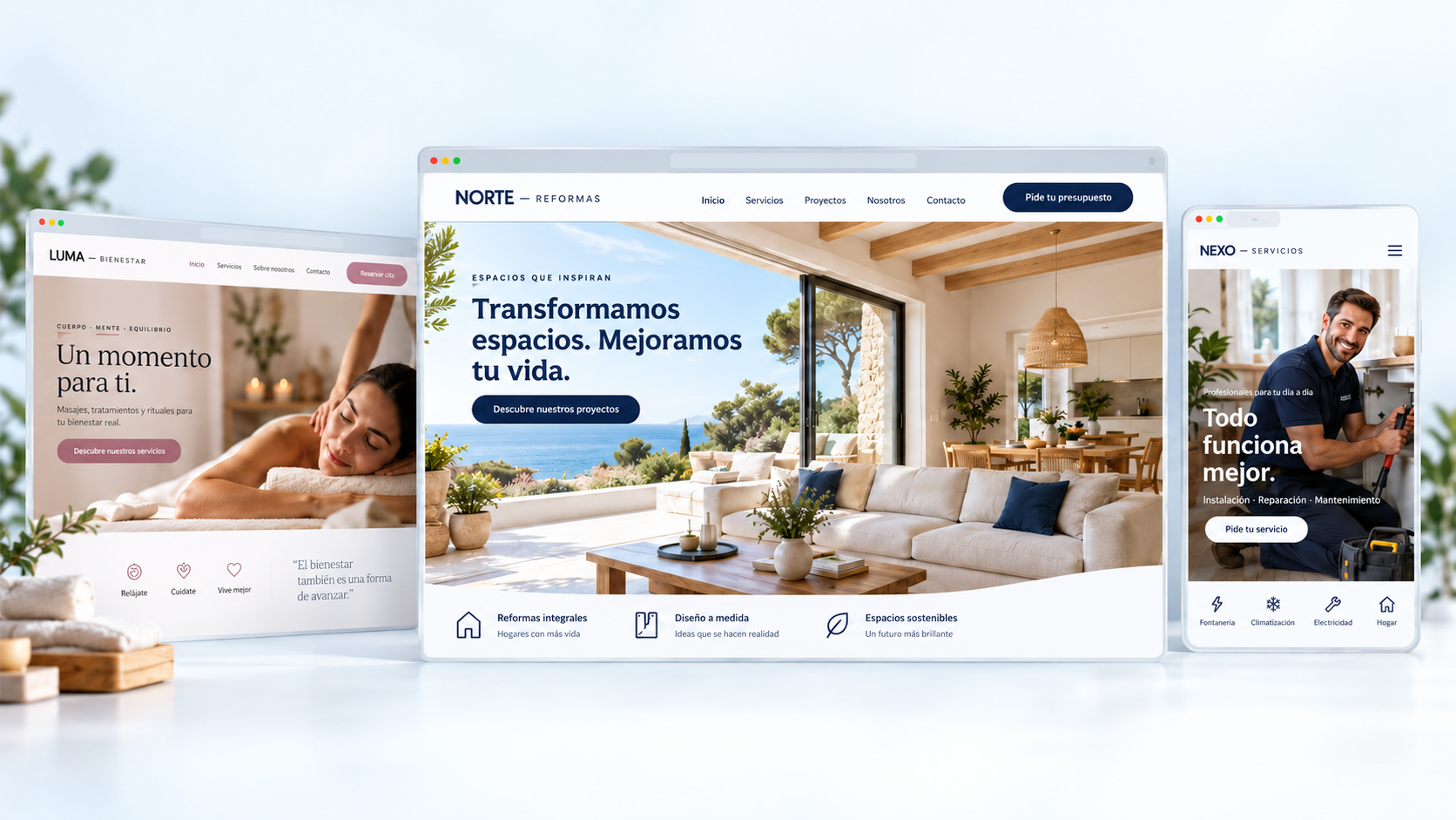Diseños ficticios de webs para reformas, bienestar y servicios profesionales, con fotografías y versión móvil